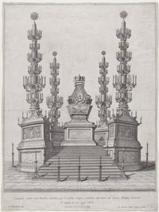 Katafalk für Papst Clemens X., zentrale Struktur auf einer fünfzehnstufigen Plattform, 1676