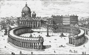 Vatikanstadt, Blick auf die Piazza San Pietro mit der Basilika St. Peter und den Vatikanischen Palästen, Gravur von Giovanni Battista Falda. 1665