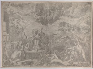 Die Vision von Ezechiel, mit den Toten, die auferstehen und ihr Fleisch anlegen, Gott der Vater oben, 1579 von Giovanni Battista Fontana