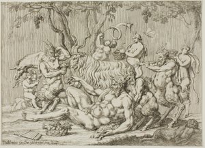 Silenus liegend mit Ziegen und Satyrn von Giovanni Battista Galestruzzi