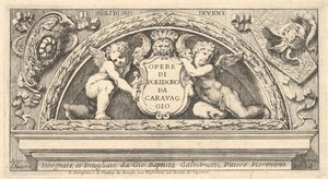 Titelblatt zur Serie von Drucken nach Poloidoro, Titel auf einem Schild, das von zwei Putti gehalten wird von Giovanni Battista Galestruzzi
