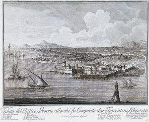 Ansicht des Hafens von Livorno, als er 1421 von den Florentinern gekauft wurde, Gravur aus der Sammlung der besten Ansichten der Stadt und des Hafens von Livorno von Giovanni Battista Guerazzi