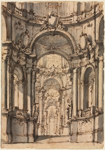Entwurf für ein Bühnenbild: Innenraum eines Palastes mit Arkaden, Mitte 1700er