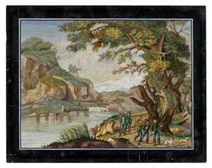 Ein italienisches Mikromosaikbild einer Jagdgesellschaft in einer Flusslandschaft von Giovanni Battista Luchini