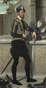 Ein Ritter mit seinem Turnierhelm Il Cavaliere dal Piede Ferito, Conte Faustino Avogadro, um 1554 von Giovanni Battista Moroni
