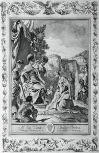 Armida vor Goffredo, Kupferstich von Giovanni Battista Piazzetta (1683-1754) für Gesang III von Jerusalem Befreit, von Torquato Tasso (1544-1595), veröffentlicht von Giovanni Battista Albrizzi, Venedig, Italien