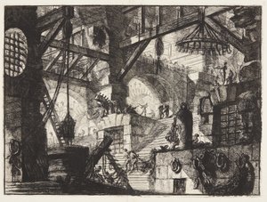 Ein vergittertes und rustiziertes Fenster ist in der Mitte einer Treppe mit Gruppen von schweren Ketten auf der rechten Seite angebracht von Giovanni Battista Piranesi
