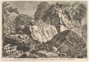 Antiker Altar, auf dem in der Antike Opfer dargebracht wurden, umgeben von anderen Ruinen, ca. 1750 von Giovanni Battista Piranesi