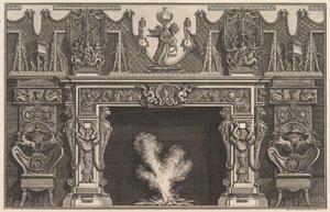Vogel in einer Muschel in der Mitte des Sturzes, mit einem Fries von Trophäen, überragt von einem..., 1769 von Giovanni Battista Piranesi