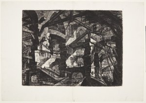Komplexe Gruppen von miteinander verbundenen Ruinenbögen, die Balken und Seile stützen von Giovanni Battista Piranesi