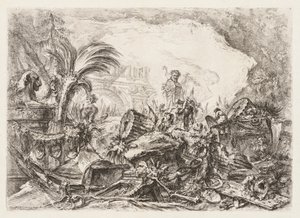 Groteschi: Ruinen mit einer Statue eines Fauns und einer gefallenen Säule, ca. 1745-50
