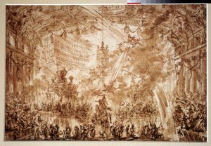Innerhalb eines Palastes: zwei fliegende Renames krönen eine Figur von Giovanni Battista Piranesi