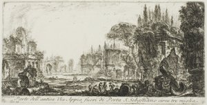 Teil der antiken Via Appia etwa drei Meilen außerhalb von Porta S. Sebastiano, Tafel 19 aus Einige Ansichten von Triumphbögen und anderen Denkmälern von Giovanni Battista Piranesi