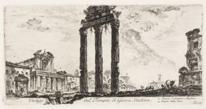 Ruinen des Tempels des Jupiter Stator [Jupiter der Unterstützer]. 1. Tempel des Antoninus und Faustina. 2. Tempel des Friedens, Tafel 10 aus Einige Ansichten von Triumphbögen und anderen Denkmälern von Giovanni Battista Piranesi