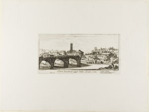 Senatorische Brücke, heute Ponte Rotto [Gebrochene Brücke] genannt. 1. Tempel der Vesta. 2. Tempel der Fortuna Virilis. 3. Teil des antiken Palatin, Platte 14 aus Einige Ansichten von Triumphbögen und anderen Denkmälern von Giovanni Battista Piranesi