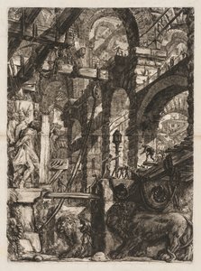 Die Gefängnisse: Eine Perspektive römischer Bögen, mit zwei in Stein gemeißelten Löwen im Vordergrund von Giovanni Battista Piranesi