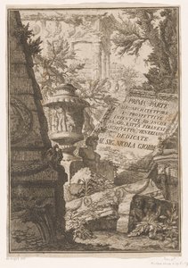 Titelblatt mit Titel auf Marmorblock in einer Landschaft mit Ruinen