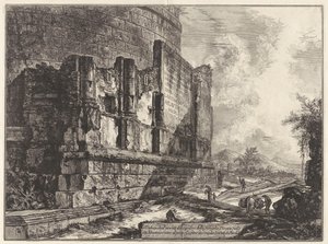 Ansicht der Überreste des Grabmals der Familie Plauzia an der Via Tiburtina nahe der Ponte Lugano, zwei Meilen von Tivoli entfernt, aus Vedute di von Giovanni Battista Piranesi