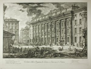 Ansicht des Zollhauses auf der Piazza di Pietra, das innerhalb der Ruinen des Tempels von Marcus Aurelius Antoninus Pius in seinem Forum erbaut wurde, aus Ansichten von Rom von Giovanni Battista Piranesi