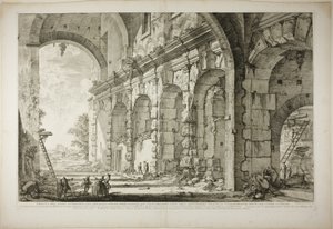 Ansicht des oberen Stockwerks der Käfige für wilde Tiere, gebaut von Kaiser Domitian, verbunden mit dem Flavischen Amphitheater und allgemein Curia Hostilia genannt, aus Ansichten von Rom