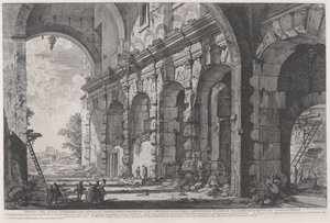 Ansicht des oberen Stockwerks der Käfige für wilde Tiere, gebaut vom Kaiser Domitian, verbunden mit dem Flavianischen Amphitheater und allgemein als Curia Hostilia bezeichnet, ca. 1760-1778 (Radierung) von Giovanni Battista Piranesi