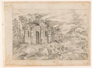 Landschaft mit antikem Tempel mit Karyatiden von Giovanni Battista Pittoni (I) (attributed to)