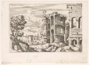 Ansicht des Kolosseums und Umgebung in Rom (Colossaei ro prospectus, Praecipua aliquot Romanae Antiquitatis Ruinarum Monimenta) von Giovanni Battista Pittoni (I)