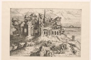 Landschaft mit Ruinen am Wasser und einer auf- oder untergehenden Sonne