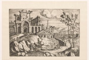 Landschaft mit Ruinen und Fantasiearchitektur an fließendem Wasser mit Wasserfall von Giovanni Battista Pittoni (I)