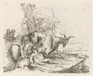 Eine Nymphe mit einem kleinen Satyr und zwei Ziegen, aus Vari capricci (Verschiedene Capriccios) von Giovanni Battista Tiepolo