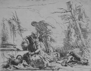 Gefesselte Frau und andere Figuren, die einen Scheiterhaufen von Knochen betrachten, aus den Capricci, 1743 von Giovanni Battista Tiepolo