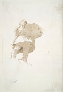 Männliche Figur, die ein Tablett trägt, von unten gesehen