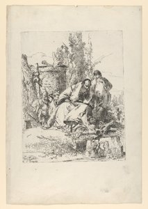 Sitzender Magier, Junge und vier Figuren aus den Scherzi di Fantasia von Giovanni Battista Tiepolo