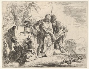Drei Figuren und eine Schlange, die sich um einen Stab windet, umgeben von einer Landschaft, der ce..., 18. Jahrhundert von Giovanni Battista Tiepolo