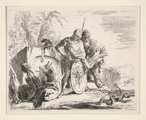 Junger Soldat mit Philosoph und sitzender Frau, aus der Serie Vari Capricci von Giovanni Battista Tiepolo