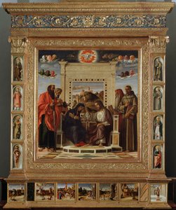 Altarbild Bellini: Zentralteil Krönung der Jungfrau zwischen St. Peter und St. Paul (links) und St. Hieronymus und St. Franziskus von Assisi (rechts). Ölmalerei von Giovanni Bellini. Ca. 1475 von Giovanni Bellini