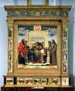 Krönung der Jungfrau mit den Heiligen Paulus, Petrus, Hieronymus und Franz von Assisi mit Szenen aus dem Leben der Heiligen im Predella-Panel, bekannt als der Pala di Pesaro Altar, um 1474 von Giovanni Bellini
