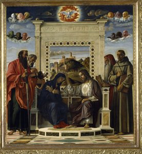 Krönung der Jungfrau mit den Heiligen Paulus, Petrus, Hieronymus und Franz von Assisi mit Szenen aus dem Leben der Heiligen im Predella-Panel, bekannt als das 