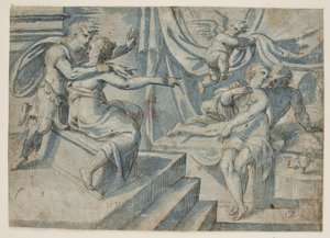 Ein Liebespaar auf einem Bett wird von einem Putto einem römischen Soldaten und seiner Frau enthüllt von Giovanni Bellini