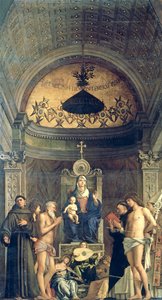 Madonna und Kind auf dem Thron zwischen den Heiligen Franziskus, Johannes dem Täufer, Hiob, Dominikus, Sebastian und Ludwig (das San Giobbe Altarbild) ca. 1487 von Giovanni Bellini