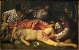 Noahs Trunkenheit (Noah, betrunken, wird von seinen drei Söhnen Sam und Japhet nackt entdeckt) von Giovanni Bellini