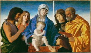 Jungfrau und Kind mit den Heiligen Johannes dem Täufer, Magdalena, Georg und Petrus von Giovanni Bellini