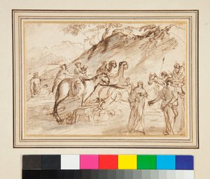 Ein Treffen zwischen zwei Männern, Pferden und Kamelen im Hintergrund von Giovanni Benedetto Castiglione