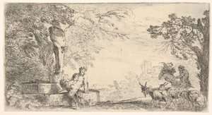 Ein Satyr ruht am Fuß einer Statue des Priapus, Ziegen rechts, ca. 1645-48 von Giovanni Benedetto Castiglione
