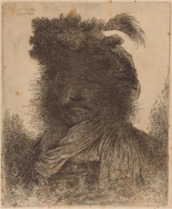 Bärtiger Mann mit schattiertem Gesicht, einen Schal und einen Federhut tragend von Giovanni Benedetto Castiglione