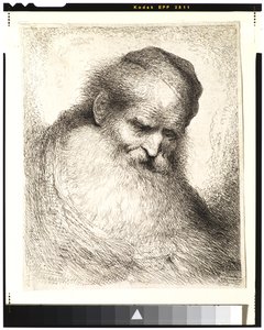 Bärtiger alter Mann mit nach vorne geneigtem Kopf, mit Schädelkappe, nach rechts blickend von Giovanni Benedetto Castiglione