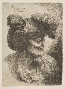 Büste eines bartlosen alten Mannes im Profil nach rechts, aus der Serie der kleinen Köpfe, ca. 1645-1650 von Giovanni Benedetto Castiglione