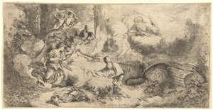Gottvater und Engel, die das Christkind anbeten von Giovanni Benedetto Castiglione