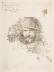 Kopf eines Mannes mit Federhut, möglicherweise Bernini, möglicherweise ein Selbstporträt, ca. 1645-1650 von Giovanni Benedetto Castiglione