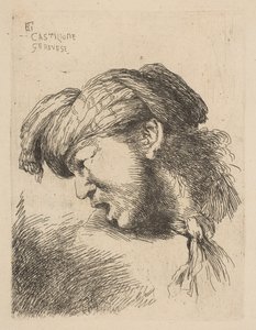 Mann mit Turban, ein um den Hals gebundener Knoten, nach links gewandt, aus der Serie..., ca. 1645-50 von Giovanni Benedetto Castiglione